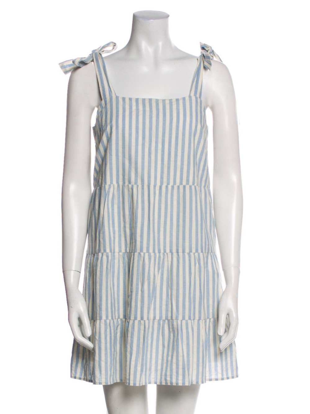 Sezane Blue and White Striped Tiered Tie-Shoulder Mini Dress